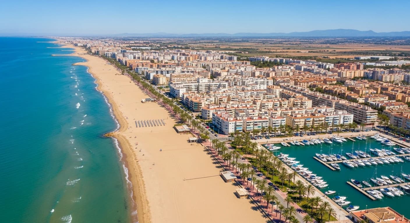 Вид с воздуха на средиземноморский прибрежный город Comunidad Valenciana: пляж, набережная и жилые дома у моря