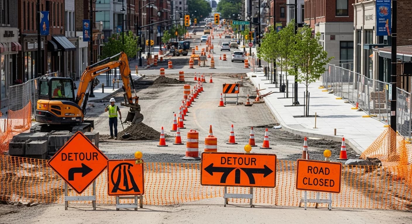 Городская avenida в Валенсии во время реконструкции с ограждениями, конусами и знаками объезда